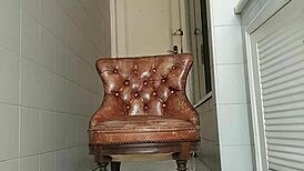 This sexy guy with monster cock hauls armchair to bathroom for intense explosive masturbation session