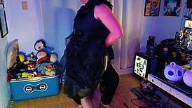 Hotwife in sexy Merlina costume rides lover's cock doggystyle with tight shaved pussy