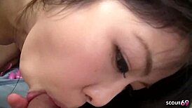 Tricked Japanese teen's hairy pussy cums hard before POV creampie