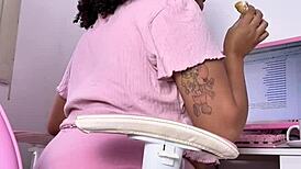 curvy ebony babe relaxes at home eating snacking and letting out natural farts voyeur style