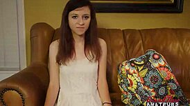 katie walls the tiny brunette coed gags on monster cock before tight pussy pounding doggystyle
