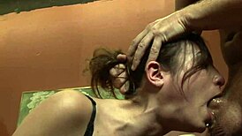 brunette babe grabs that cock for a rough deepthroat pounding and facial blast