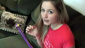 dagfs teen strips on sofa rips clothes and fingers her shaved pussy