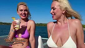Blonde bombshell squirts from water guns then bends over for oiled doggystyle pussy fuck
