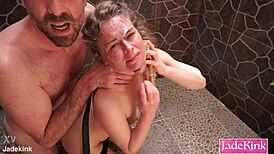 leashed cumslut bound tight. humiliated rough in bdsm shower domination! 🚿😈