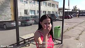 this czech brunette slurps huge cock pov and swallows outdoors
