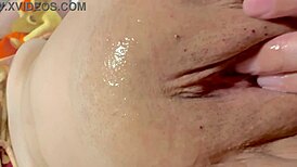 Amateur Asian Wife's Shaved Pink Pussy Close-Up 304 Days Post-Virginity Lick Fest