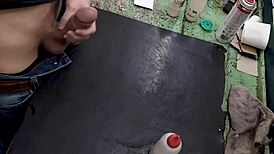 Masturbating my monster cock on the workbench at work feels so good