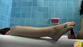 after their lovely lesbian date the two busty brunettes share a bath while having sex