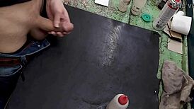 Masturbating my monster cock on the workbench at work feels so good