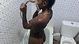 squirting in bathroom after workout session