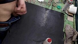 Masturbating my monster cock on the workbench at work feels so good