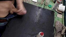 Masturbating my monster cock on the workbench at work feels so good