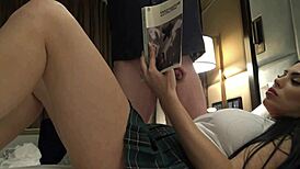 big tits big ass hot brunette babe in short uniform skirt gives an incredibly slow edging handjob by cock teasing