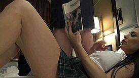 big tits big ass hot brunette babe in short uniform skirt gives an incredibly slow edging handjob by cock teasing
