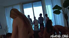 the cute amateurs are having fun at the group party