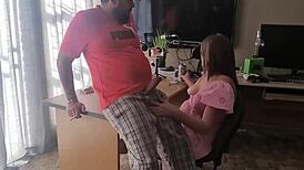playing with his cock in homemade dress