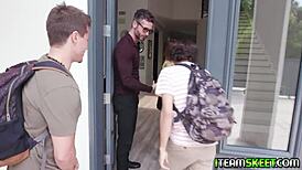 Lucky guys get cocks sucked by horny redhead tutor in bedroom