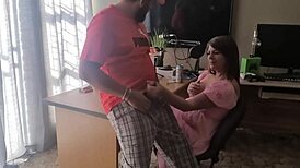 playing with his cock in homemade dress