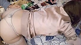 french amateur in satin lingerie takes doggystyle fuck and rimjob