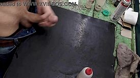 Masturbating my monster cock on the workbench at work feels so good