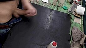 Masturbating my monster cock on the workbench at work feels so good