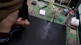 Masturbating my monster cock on the workbench at work feels so good