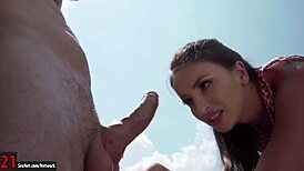 Suck my toes then give me that footjob on the scooter, says Allysia Kent outdoors