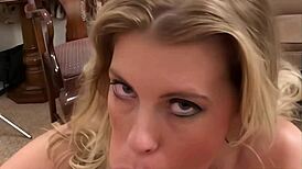 Hard cock dude sits on blondes chest for blowjob and titty fuck