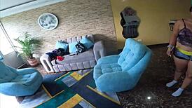 Stepsister dances teasing in my new condo apartment while enjoying herself.