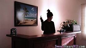 Ebony teen masseuse fingers and licks client