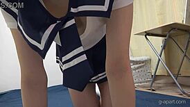 natural boobs stick out from miniskirt uniform and panties