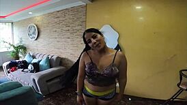 Stepsister dances teasing in my new condo apartment while enjoying herself.