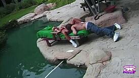 A not experienced sexy blonde fucked outdoors by the pool by a tattooed guy