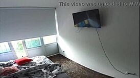 Stepsister dances teasing in my new condo apartment while enjoying herself.