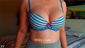 milf shows off big tits in a sexy sailor print bra