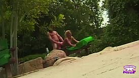 A not experienced sexy blonde fucked outdoors by the pool by a tattooed guy