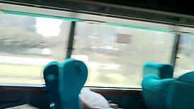 Blowjob and fucking ends with creampie on public bus