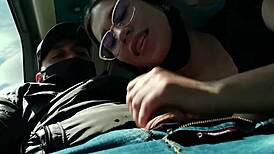 Blowjob and fucking ends with creampie on public bus