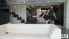 busty gym babe gives sneaky head then gets felt up on the bike while her man chills
