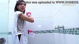 HOT cleaning lady in rubber gloves teases you in shower