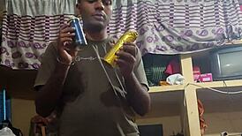 Solo boy warms small cock with perfume