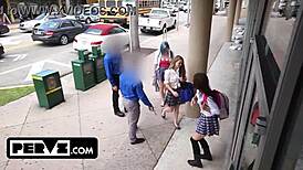 cheerleaders give sloppy blowjob and get fucked during search