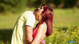 glossy redhead tastes outdoor blowjob and cumshot